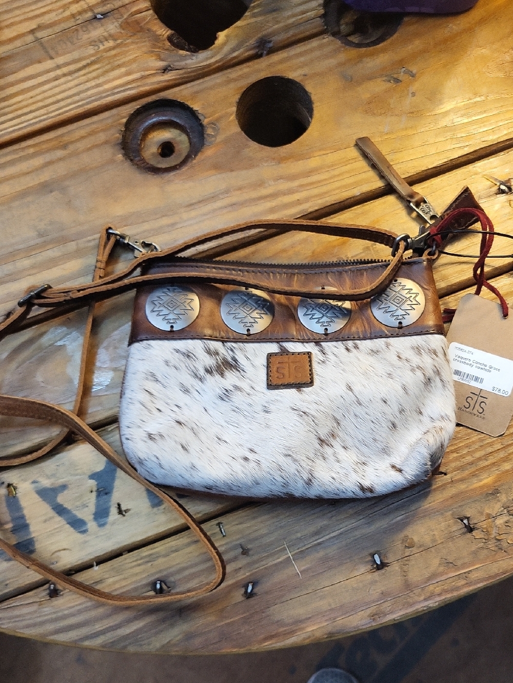 STS Ranchwear Brown and White Hair-On-Hide Crossbody with Conchos